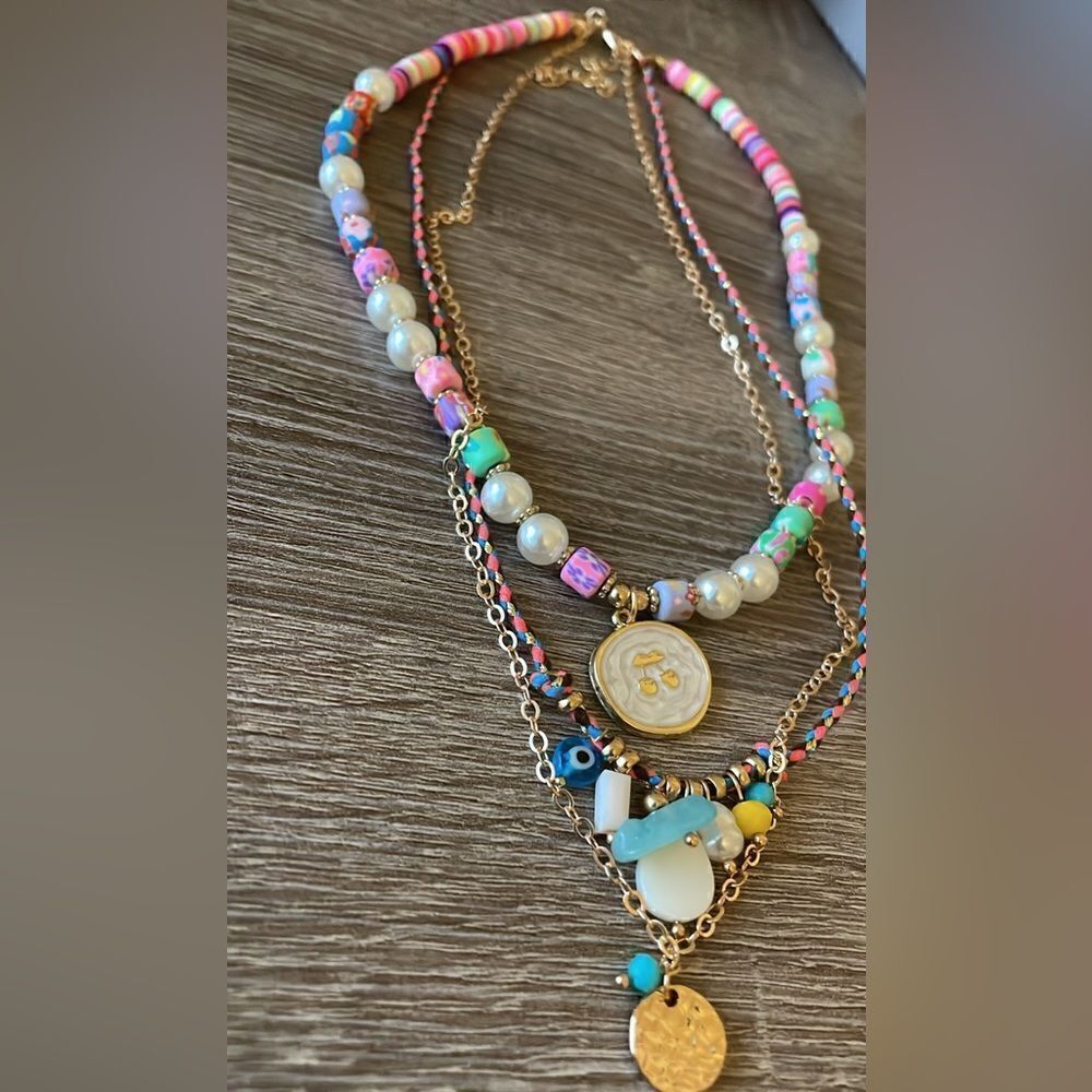 Anthropologie Multicolor Layered Beaded & Gold Charm Necklace - Picture 3 of 5